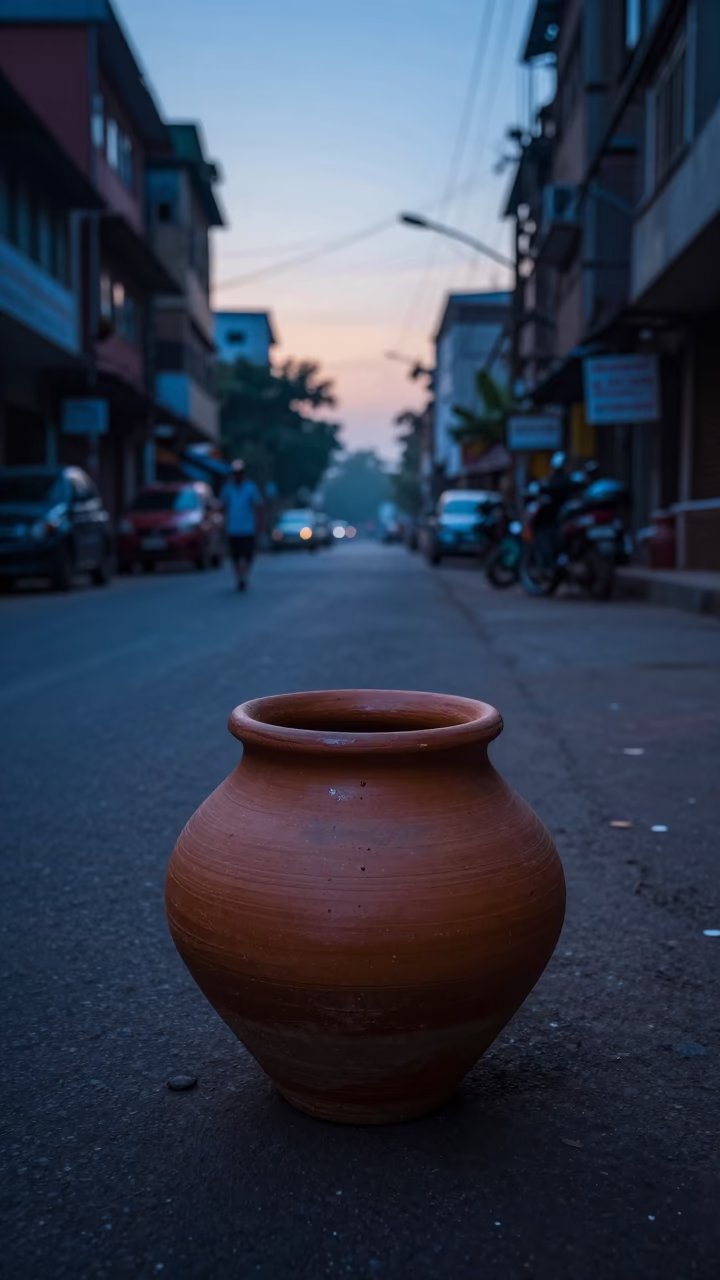 Mumbai street scene before sunrise with clay pot and pulley system in in Mumbai, India