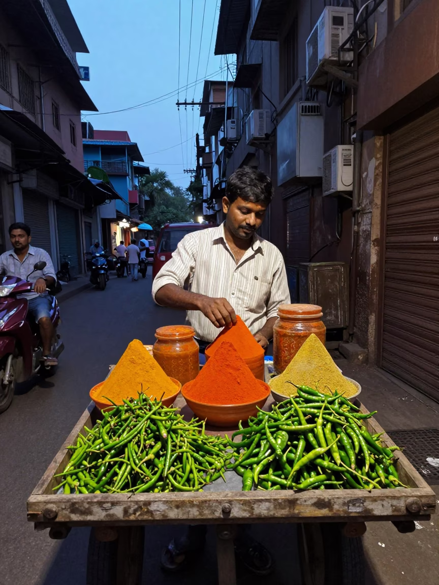 Mumbai Street Scene Early Evening with Spice Jar and Textile Details in in Mumbai, India