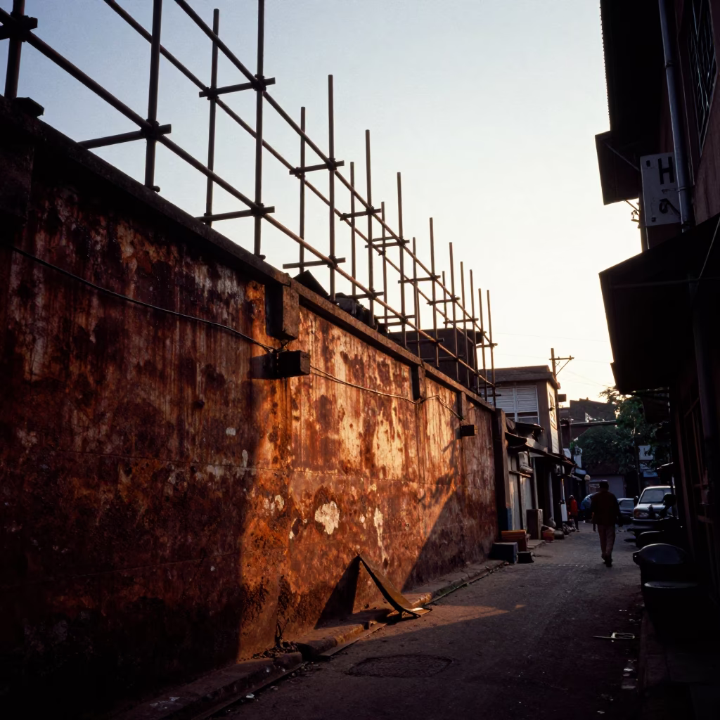 Mumbai Street Scene Honeyed Evening Light Rust Wall and Scaffolding in in Mumbai, India