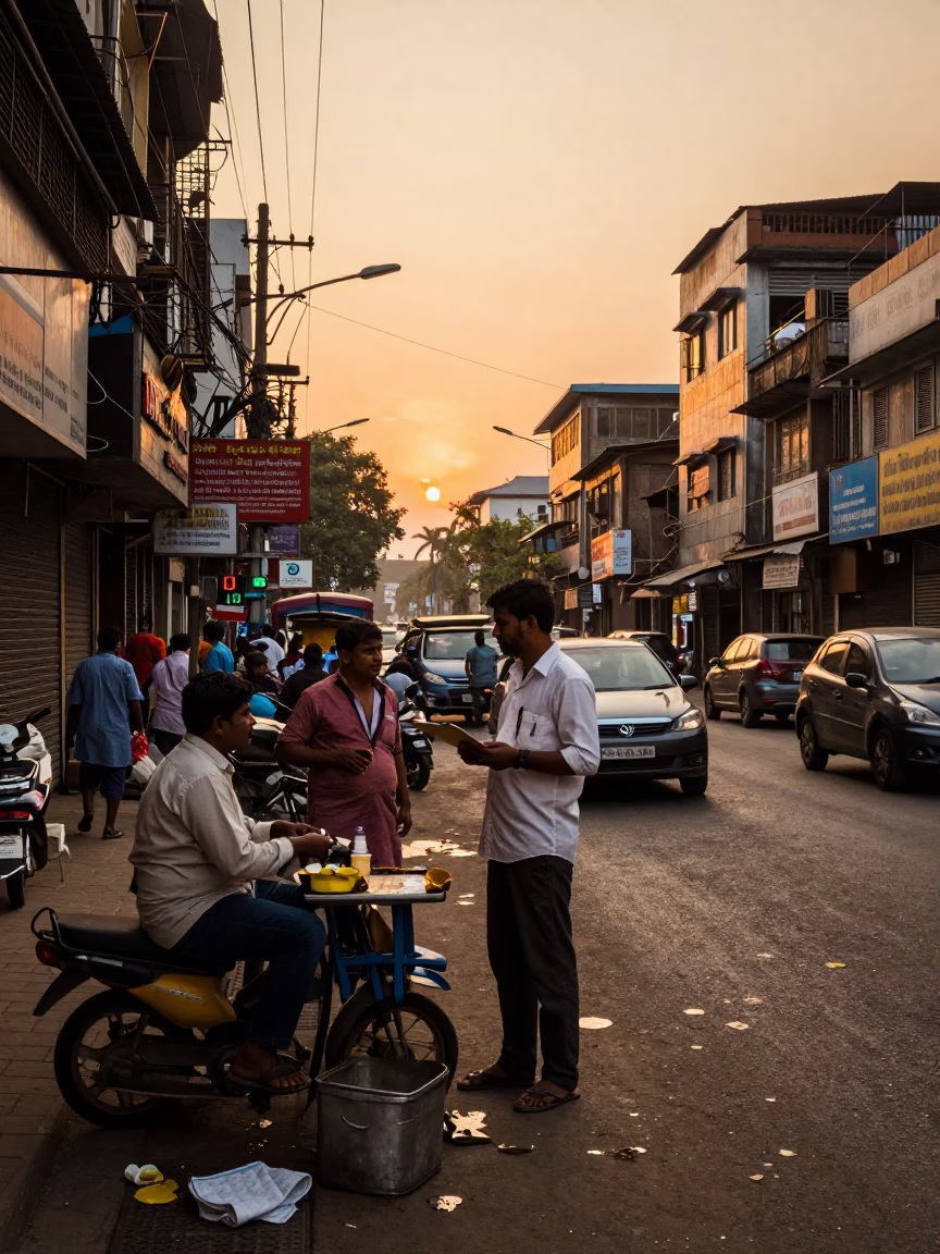 Mumbai Street Scene Honeyed Evening Light with Scattered Items and Local Life in in Mumbai, India