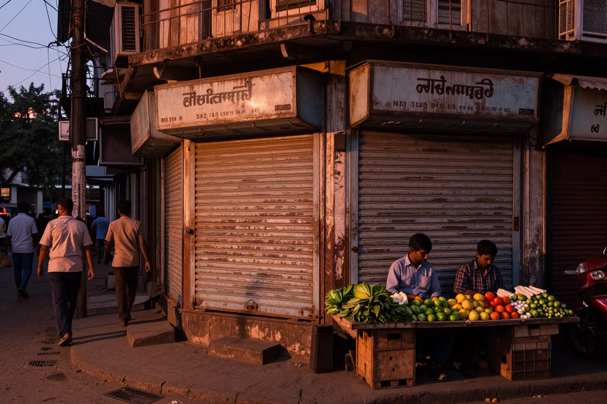 Mumbai street scene in copper dusk light with scuffed painted wood and local commerce in in Mumbai, India
