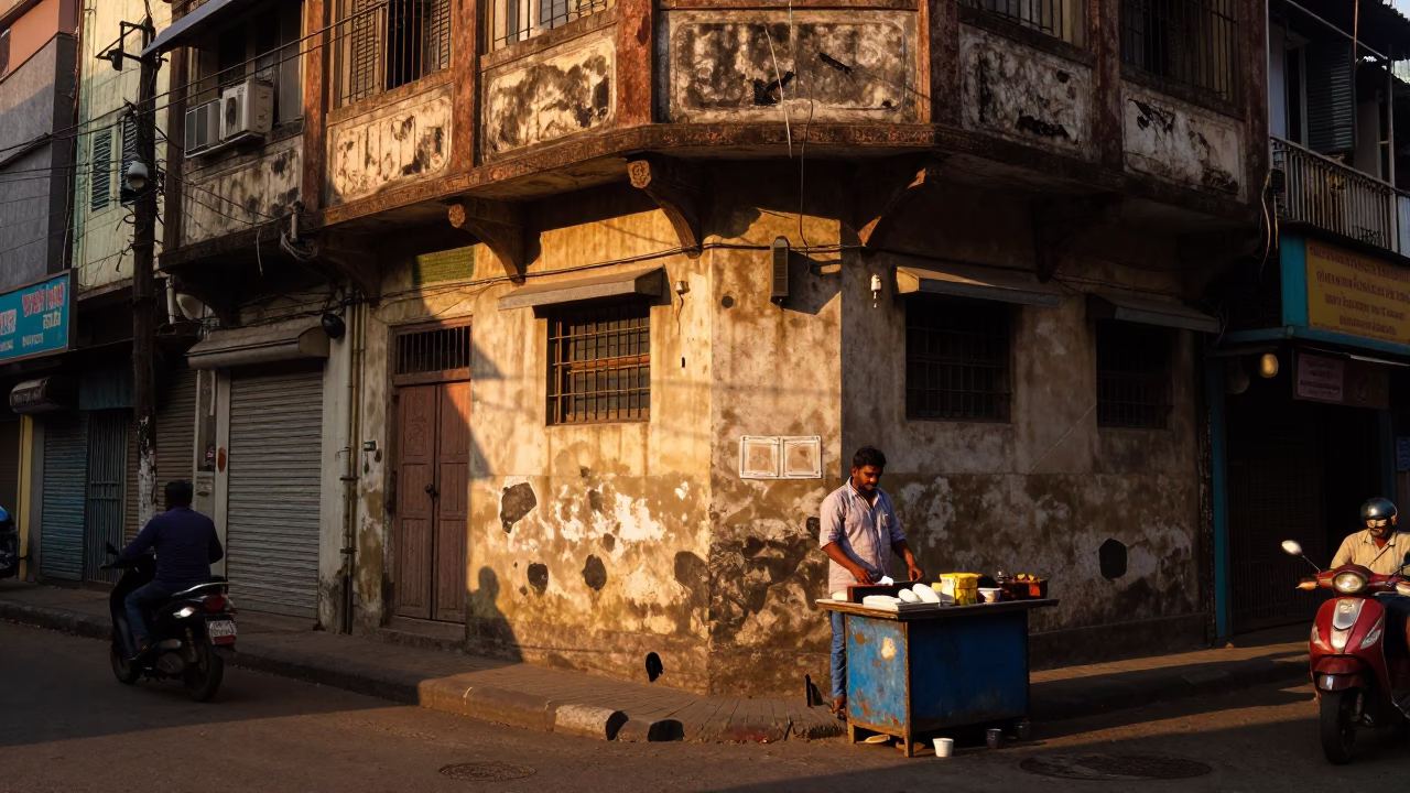 Mumbai Street Scene in Honeyed Evening Light with Local Market Activity in in Mumbai, India