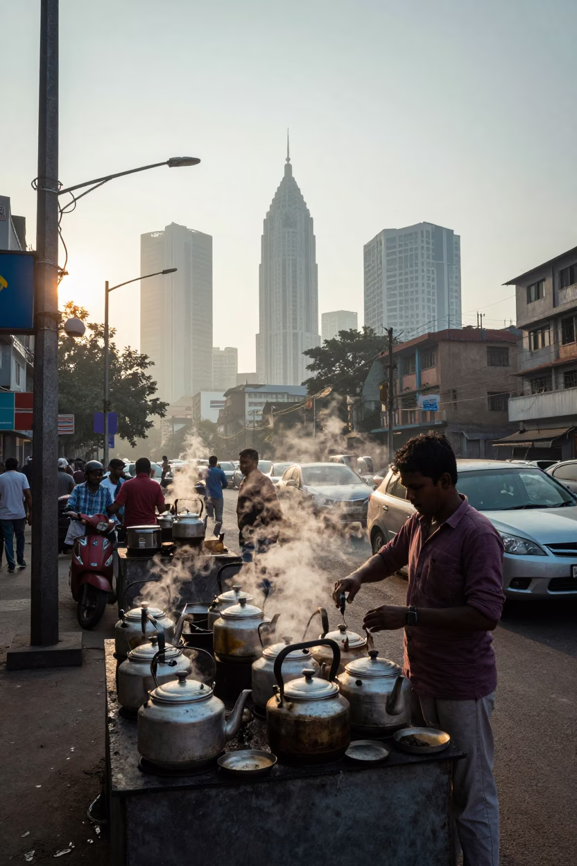 Mumbai Street Scene Just After Sunrise with Tea Kettles and Urban Life in in Mumbai, India