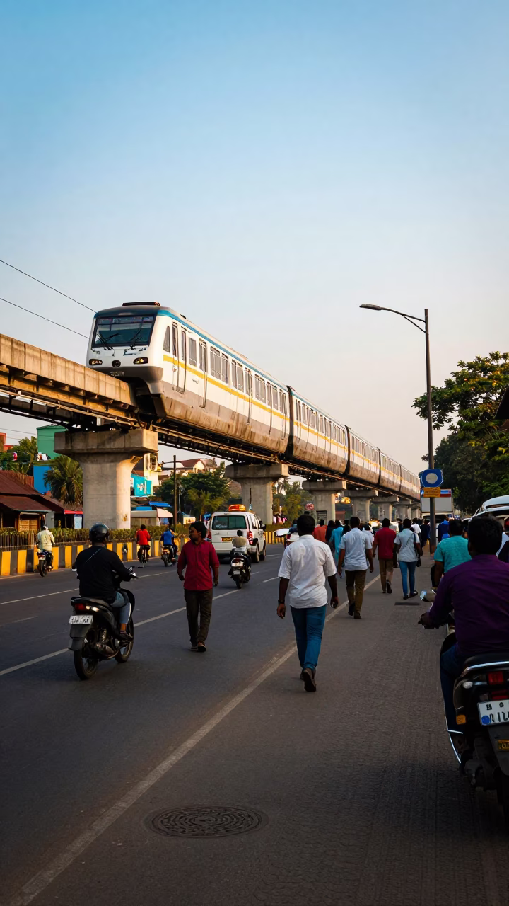 Mumbai Street Scene Late Afternoon Light Monorail and Local Market Activity in in Mumbai, India