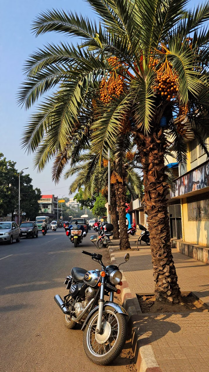 Mumbai Street Scene Late Afternoon Light with Date Palm and Vintage Motorcycle in in Mumbai, India
