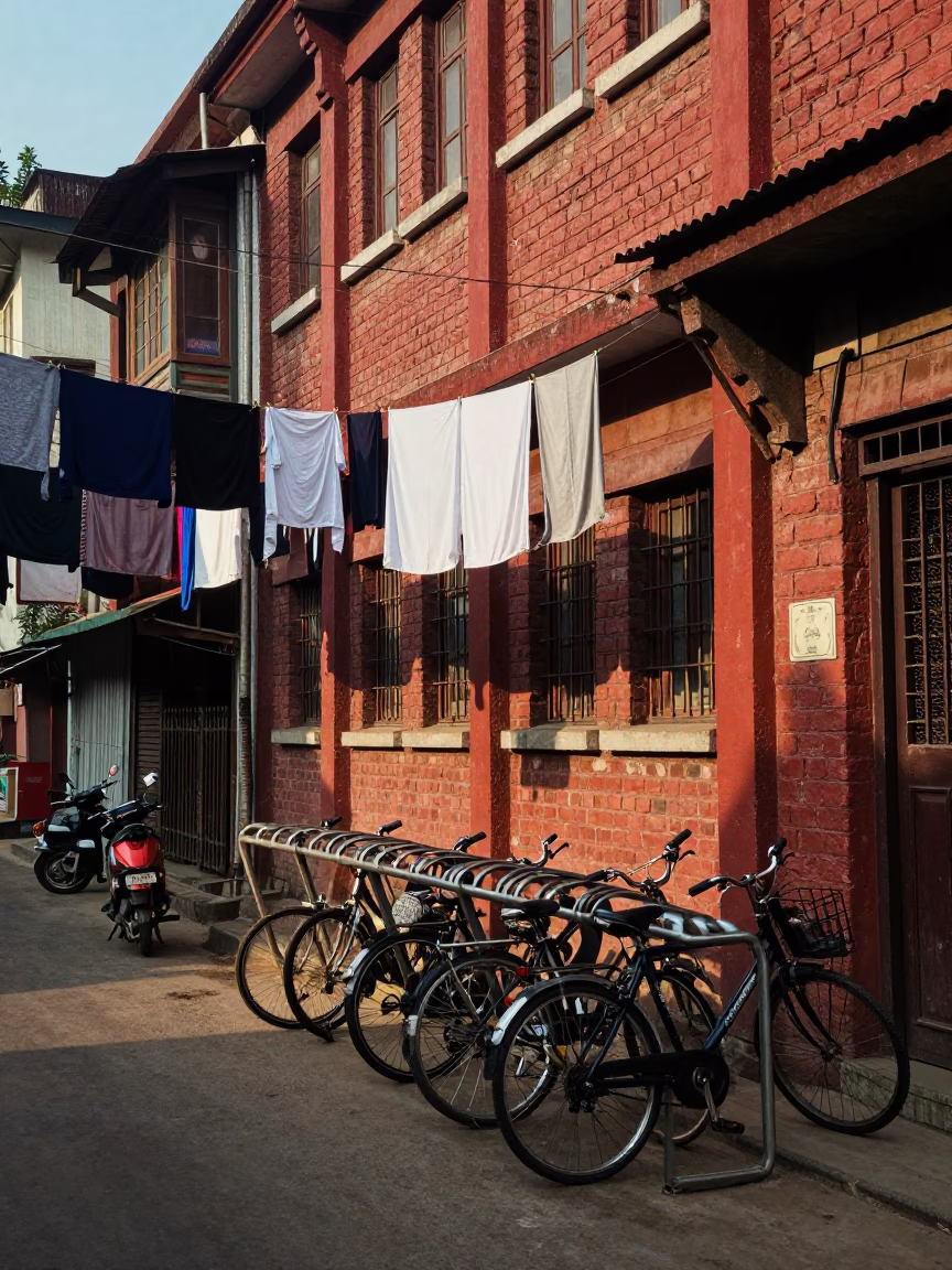 Mumbai Street Scene Late Afternoon Light with Hanging Laundry and Bicycle Rack in in Mumbai, India