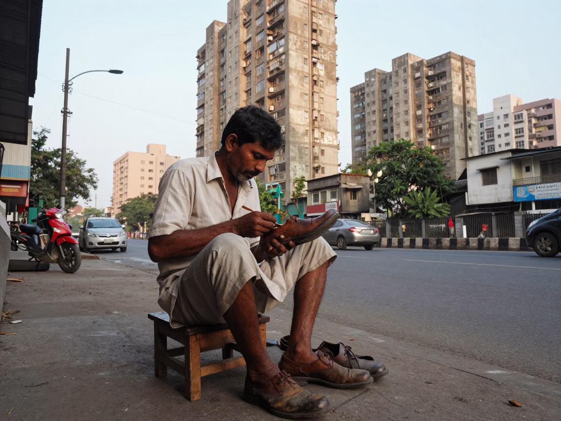 Mumbai Street Scene Late Morning Cobbler Repairing Shoes Near Concrete Apartment Blocks in in Mumbai, India