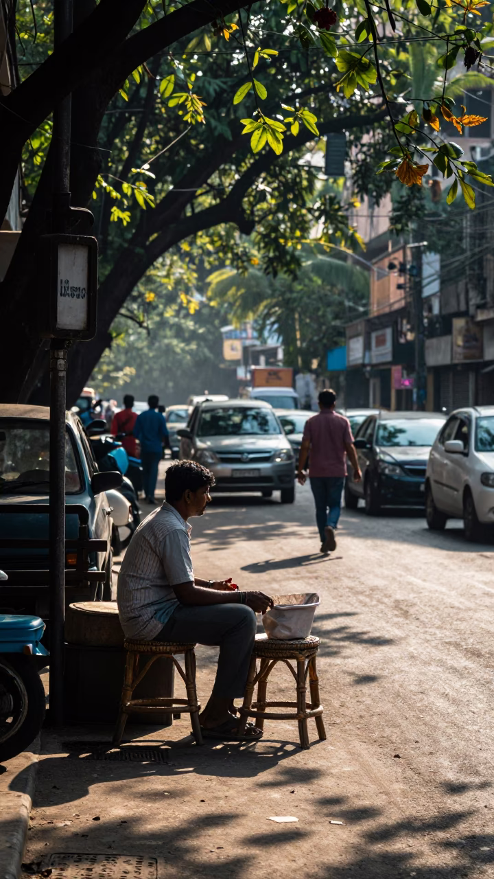 Mumbai Street Scene Late Morning with Rattan Stool and Ceramic Plate in in Mumbai, India