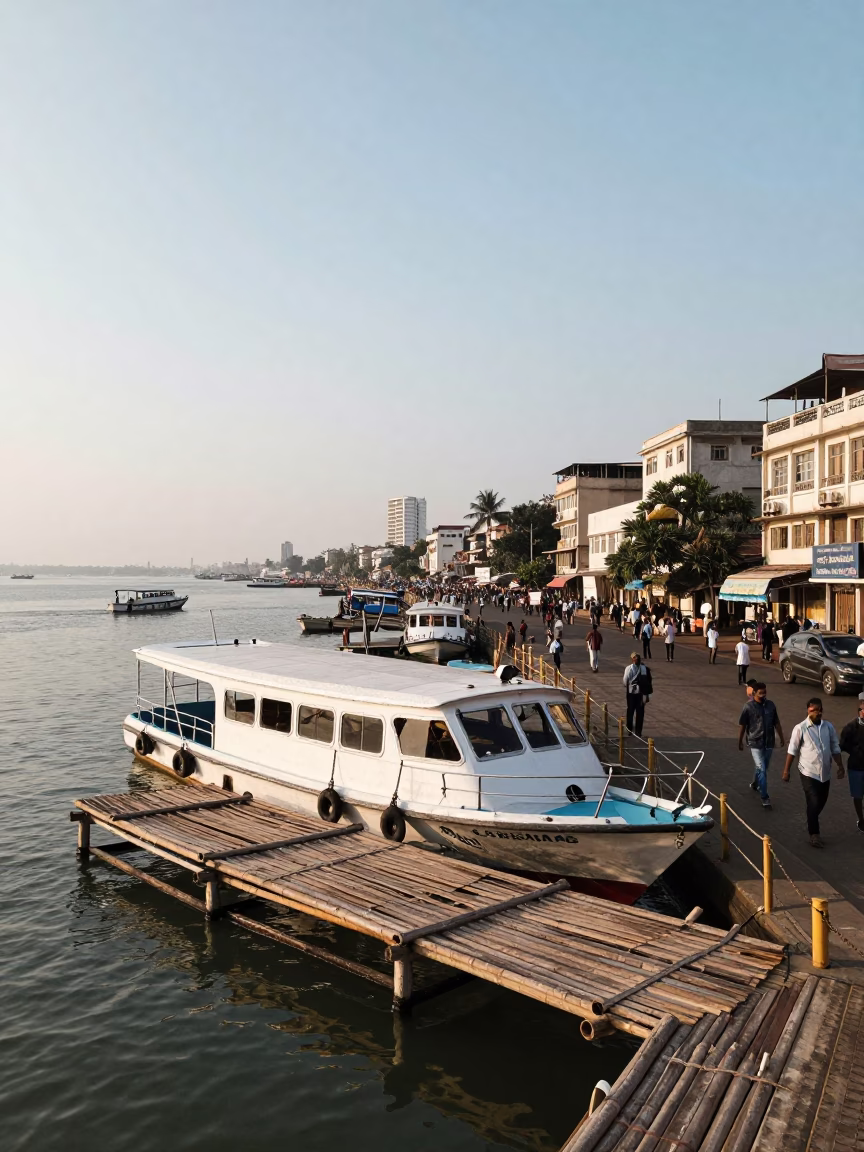 Mumbai Street Scene Late Morning with Water Taxi and Date Palm in in Mumbai, India