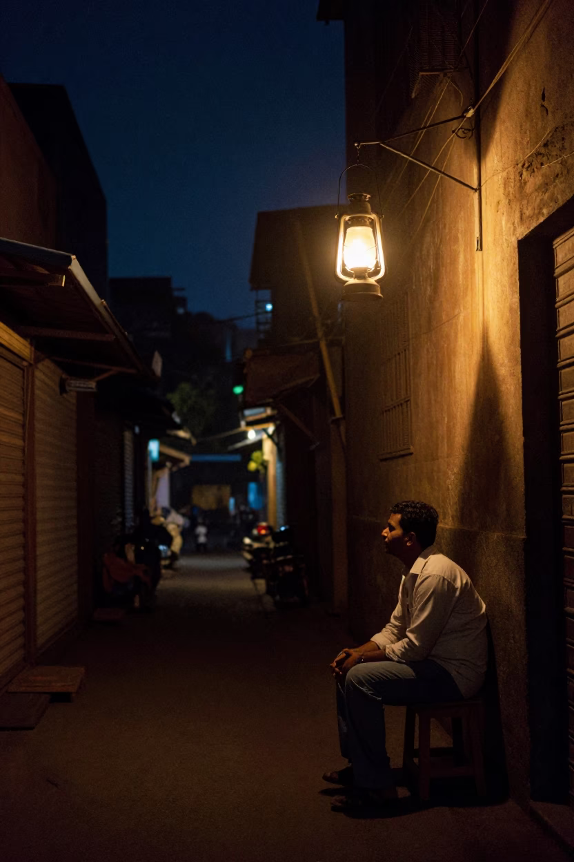 Mumbai Street Scene Under Deep Night Sky With Lantern Light And Local Life in in Mumbai, India