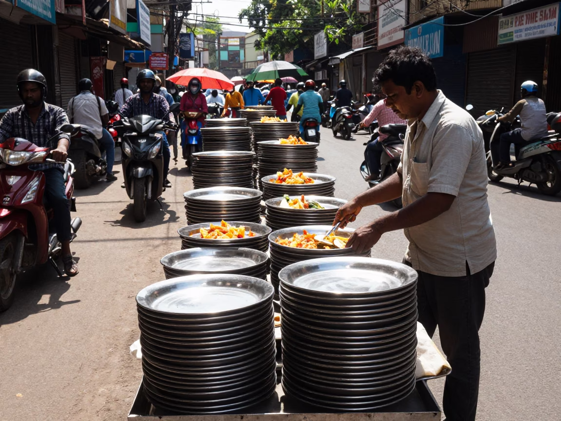 Mumbai Street Scene Under Flat Noon Light With Stacked Plates And Urban Details in in Mumbai, India