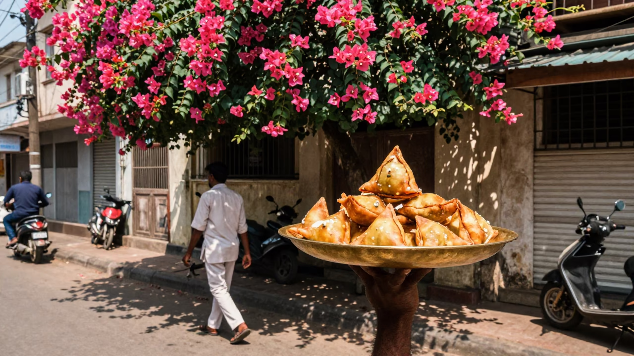 Mumbai Street Scene with Brass Plate of Samosas and Bougainvillea in Bright Midmorning Light in in Mumbai, India