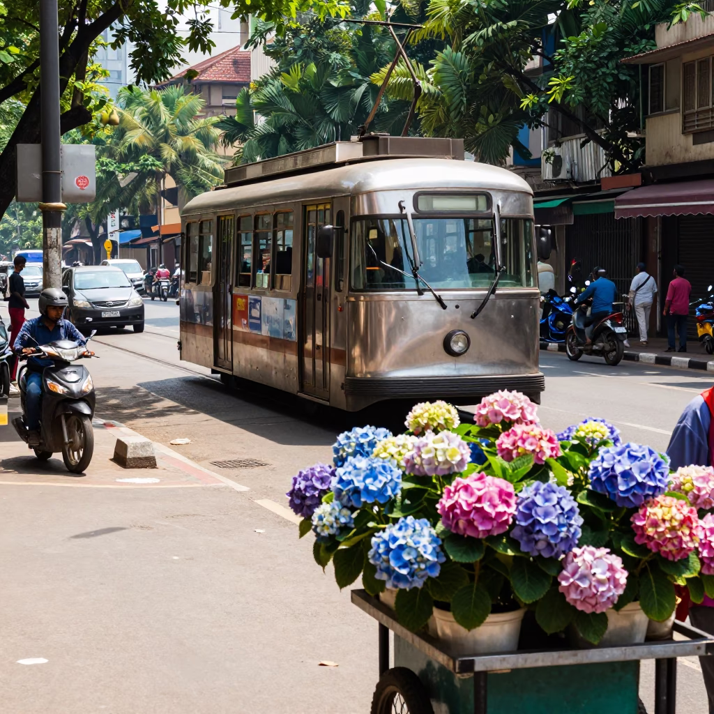 Mumbai Street Scene with Funicular Railway and Colorful Hydrangeas in Bright Midmorning Light in in Mumbai, India