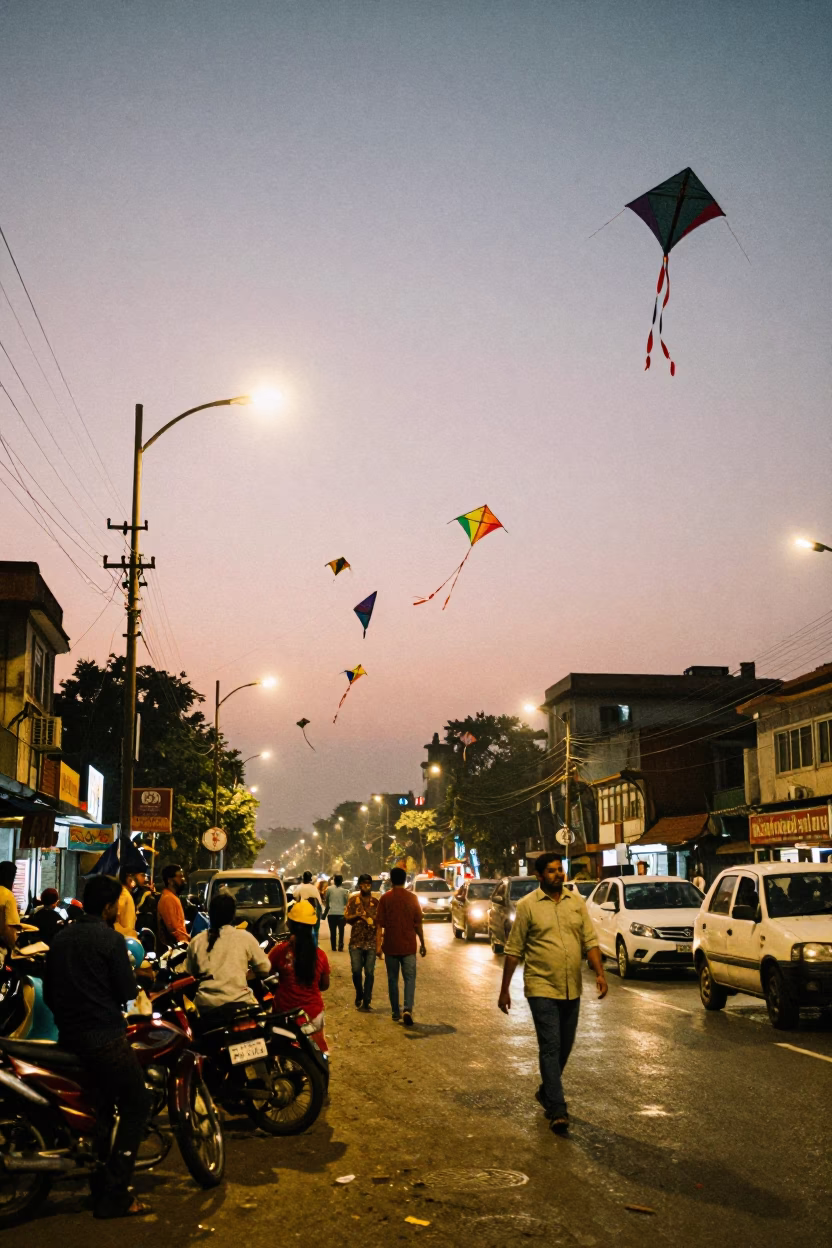 Mumbai street scene with kite festival kites and local vendor at dusk in in Mumbai, India