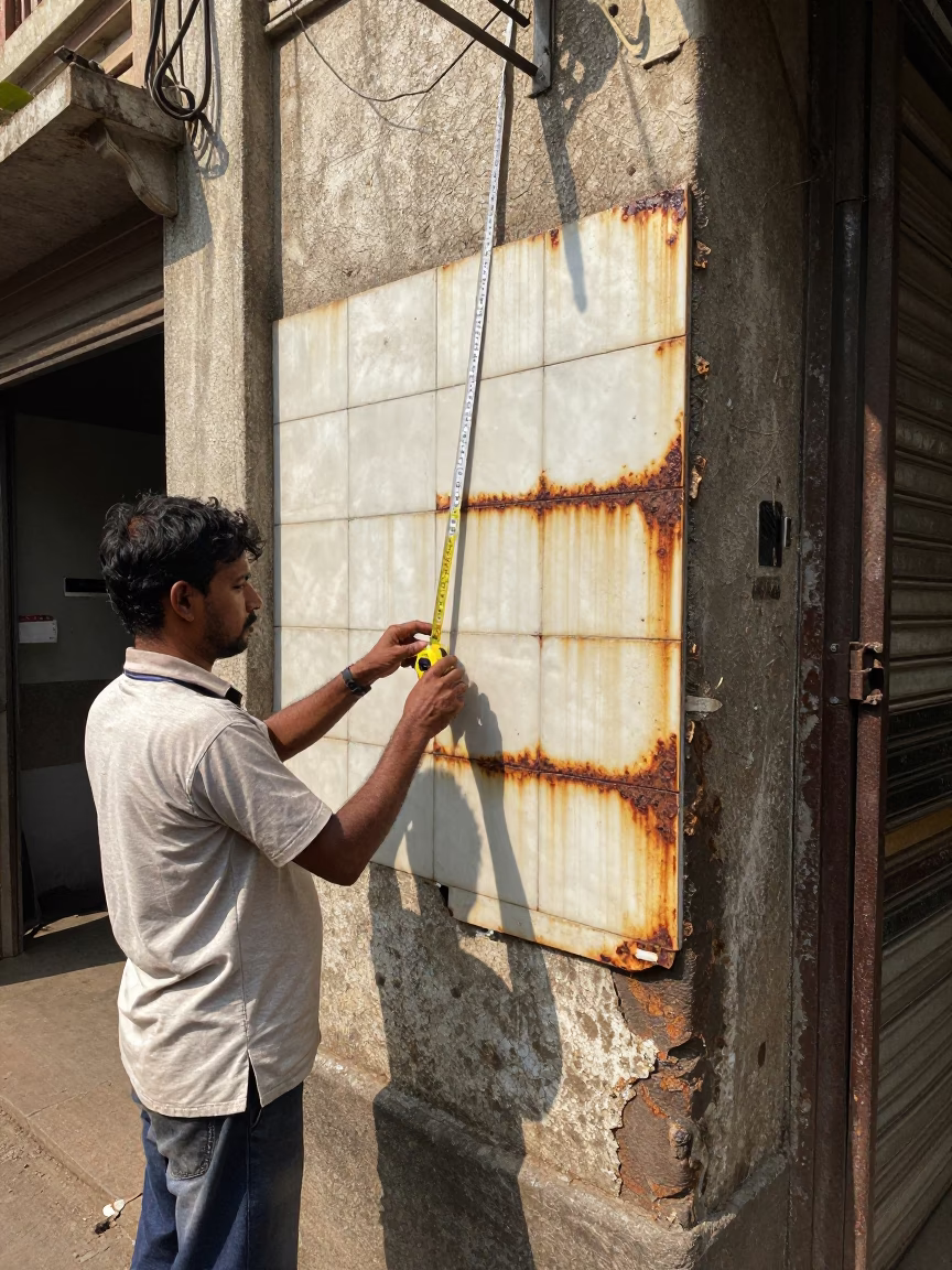 Mumbai Street Scene with Measuring Tape and Rusty Tile Grout in Bright Midmorning Light in in Mumbai, India