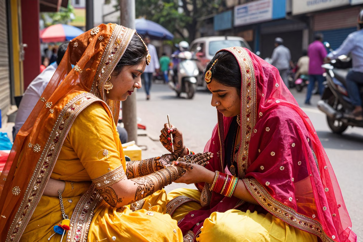 Mumbai Street Scene with Mehndi Artist and Colorful Bridal Hand in Bright Midmorning Light in in Mumbai, India