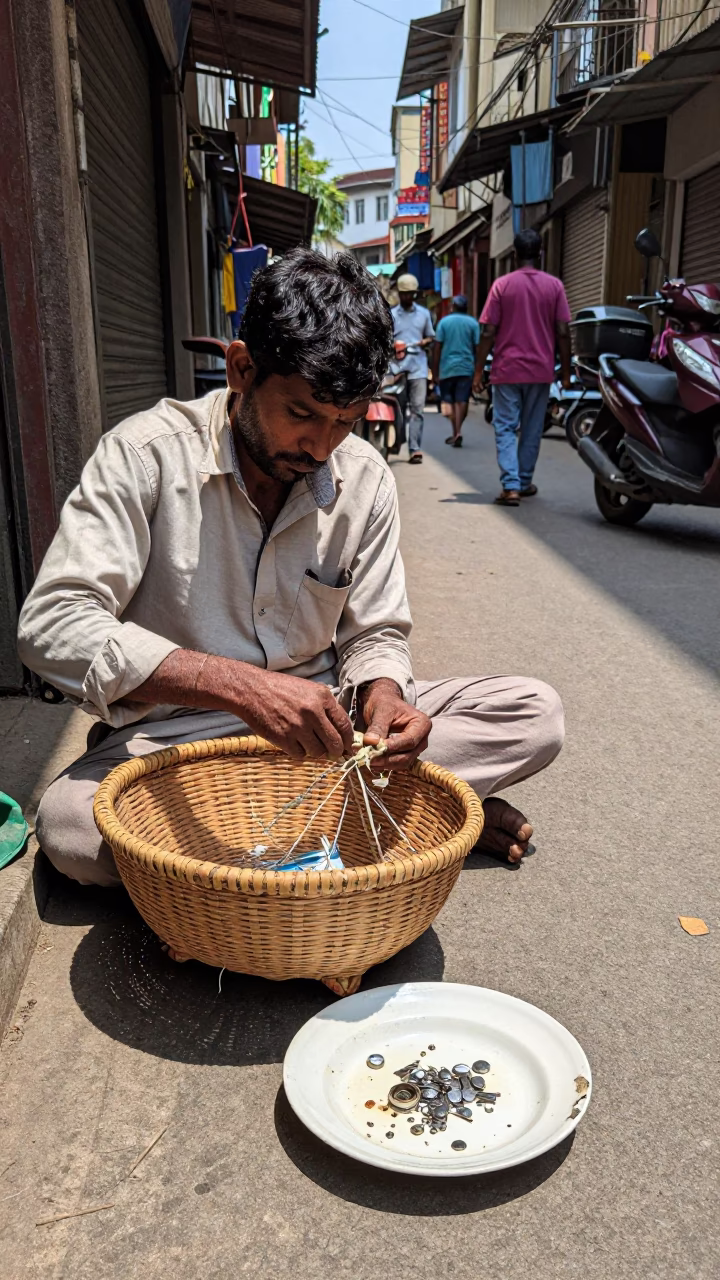 Mumbai street scene with mending basket and ceramic plate under noon glare in in Mumbai, India