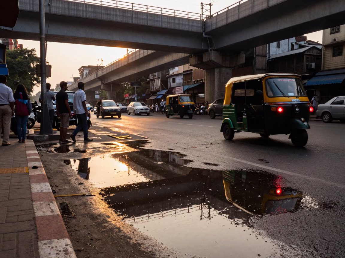 Mumbai street scene with pedestrian overpass and puddle reflections at golden hour in in Mumbai, India