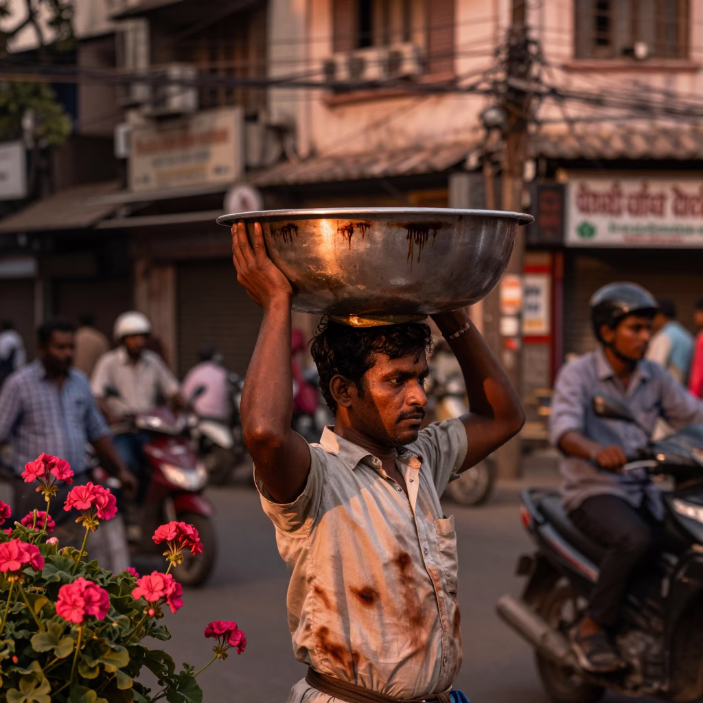 Mumbai Street Scene with Tea Stains and Geraniums in Copper Light in in Mumbai, India