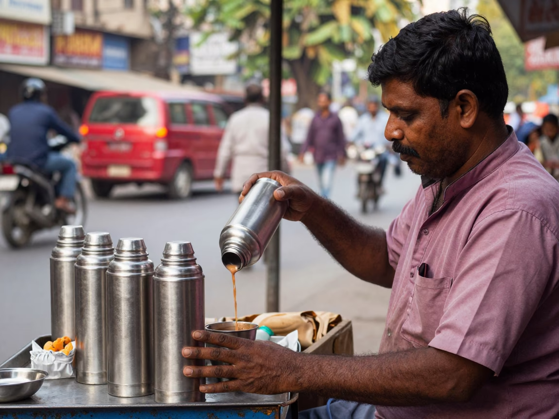 Mumbai street scene with thermos and tea vendor in early afternoon light in in Mumbai, India