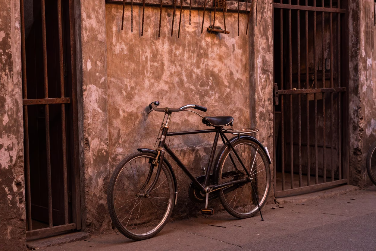 Mumbai Street Scene with Vintage Bicycle and Construction Rebar in Copper Dusk Light in in Mumbai, India