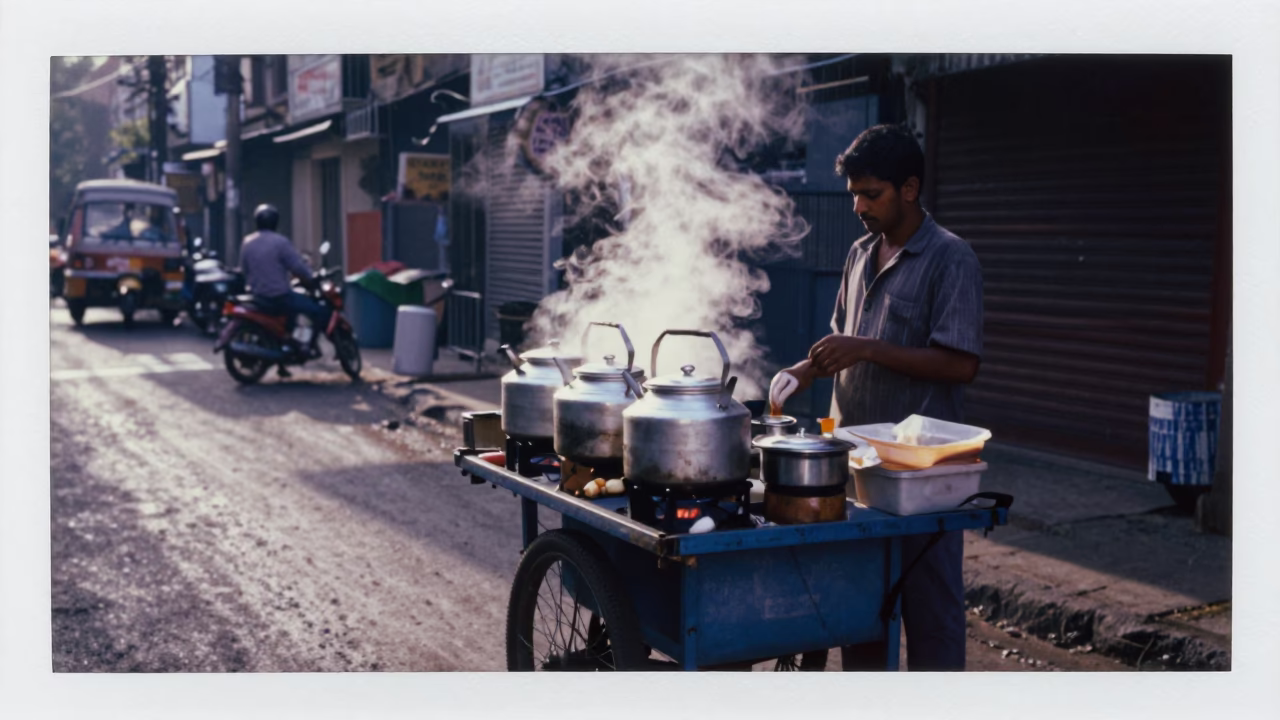 Mumbai street tea stall before sunrise with kettles and morning mist in in Mumbai, India