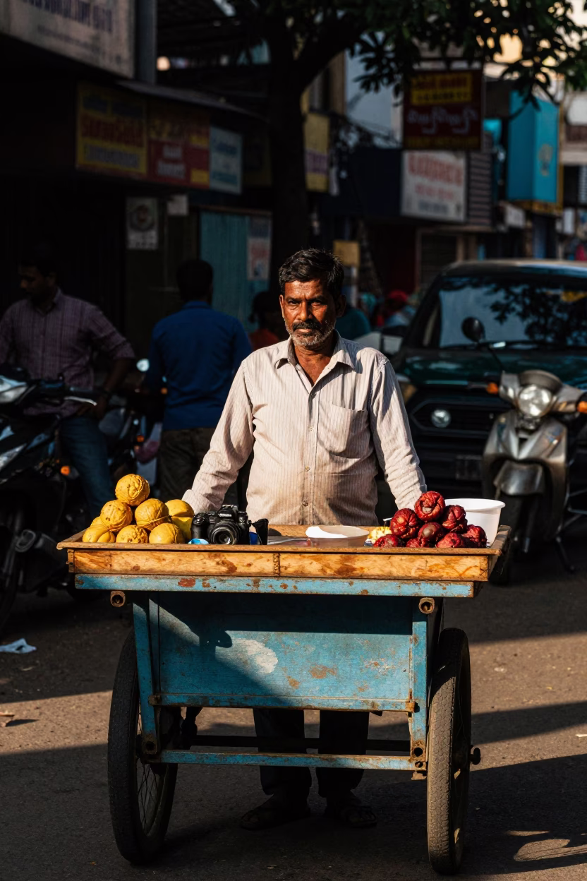 Mumbai Street Vendor Afternoon Sunlight on Wooden Tray with Dates in in Mumbai, India
