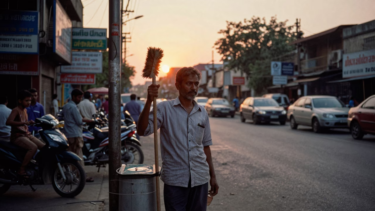Mumbai Street Vendor at As The Sun Drops Toward The Horizon in in Mumbai, India