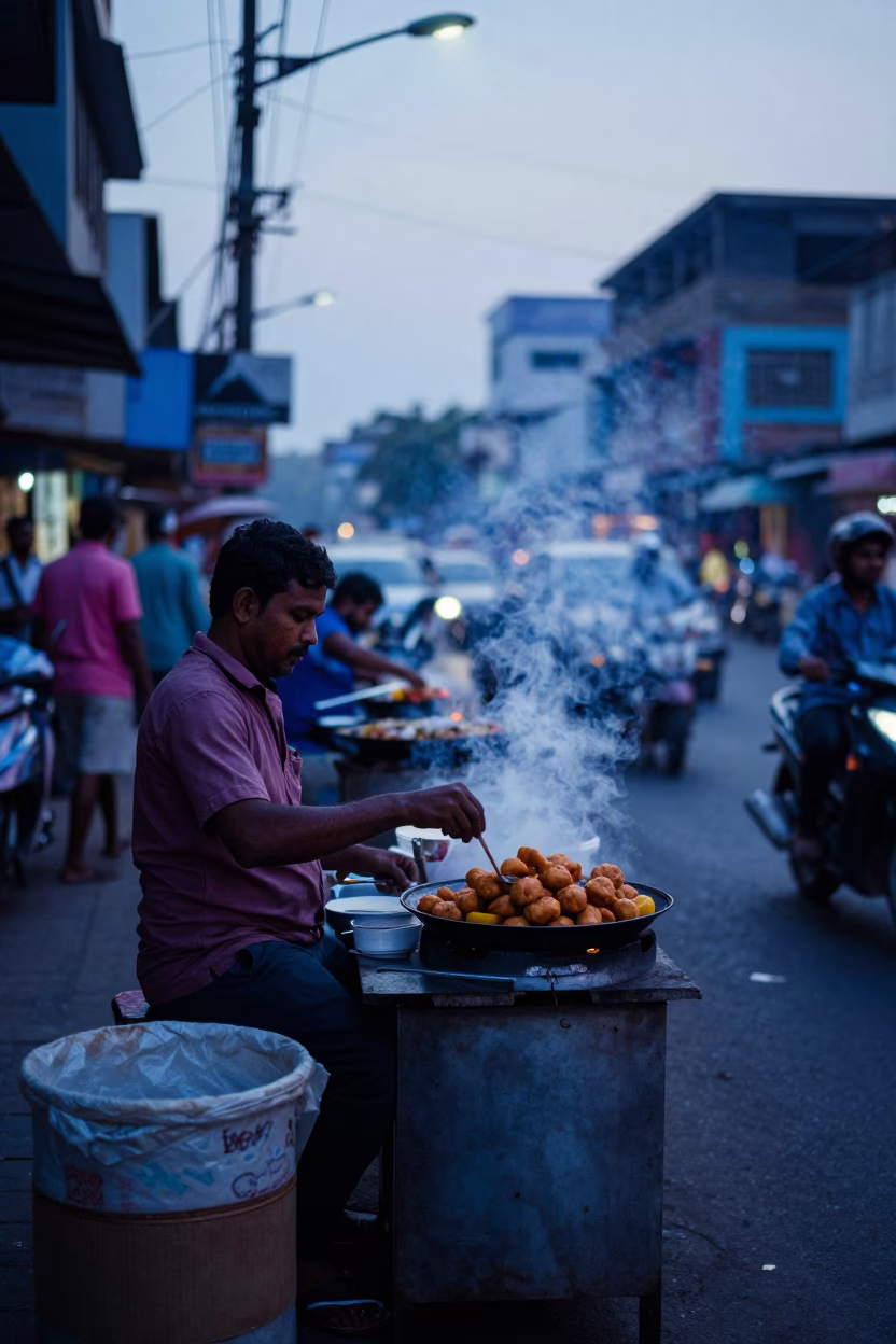 Mumbai Street Vendor at Dawn Selling Accra Fritters with Chutney Sauce in in Mumbai, India