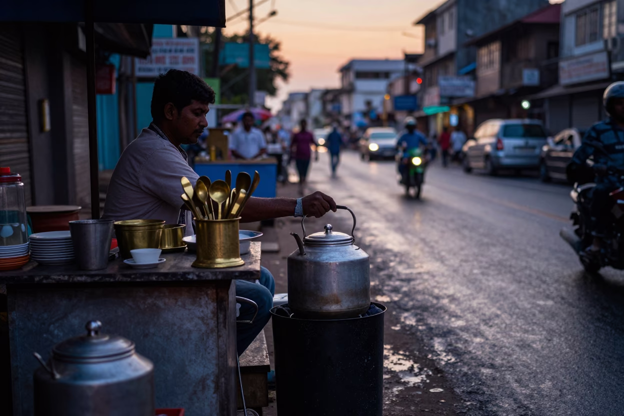 Mumbai Street Vendor at Nautical Dawn with Brass Utensils and Spice Jars in in Mumbai, India