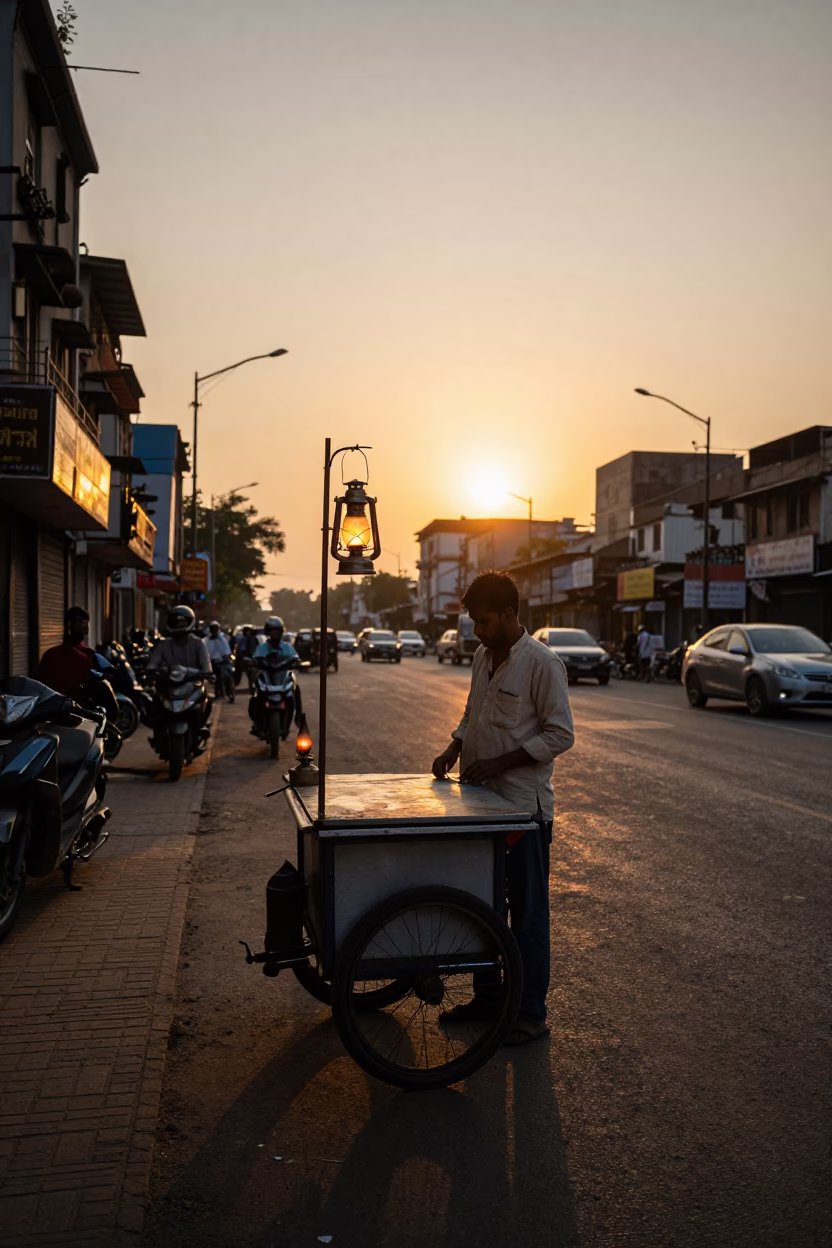 Mumbai Street Vendor at Sunset with Oil Lamp and Urban Skyline in in Mumbai, India