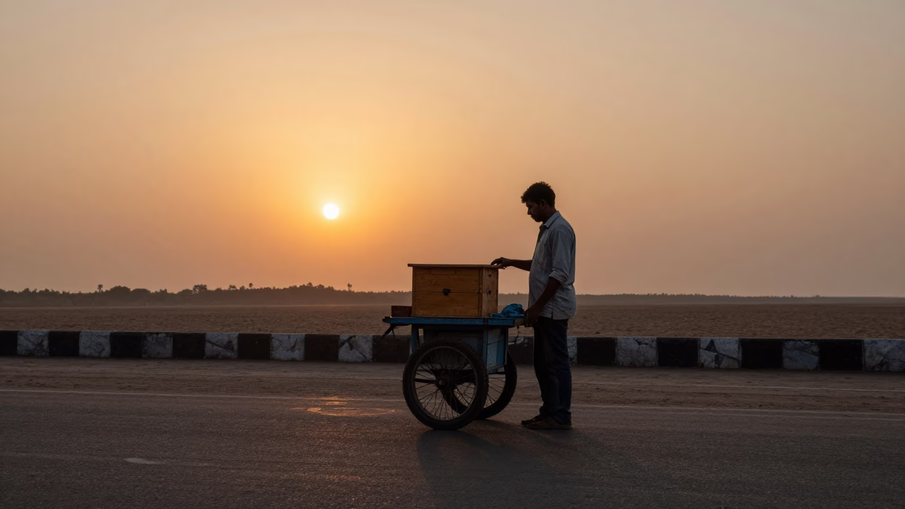 Mumbai Street Vendor at Sunset with Spool Box and Concrete Retaining Wall in in Mumbai, India