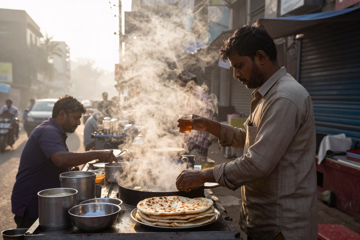 Mumbai street vendor breakfast stall early morning steam rising in in Mumbai, India