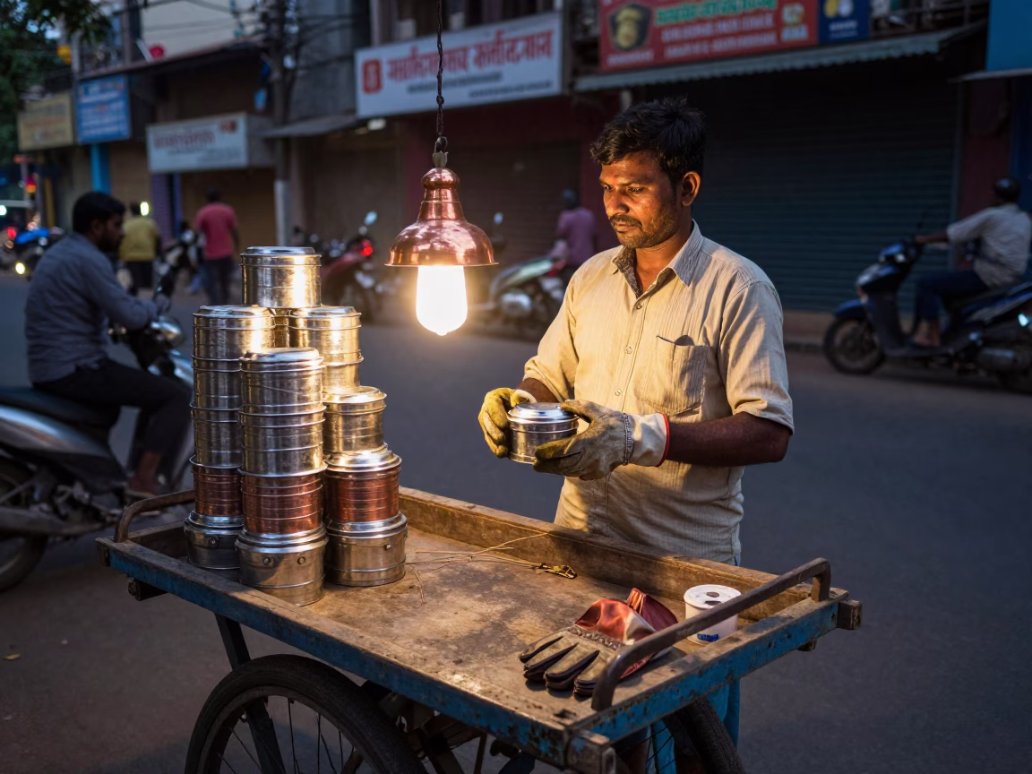 Mumbai Street Vendor Copper Light Tiffin and Work Gloves Candid 1950s Moment in in Mumbai, India