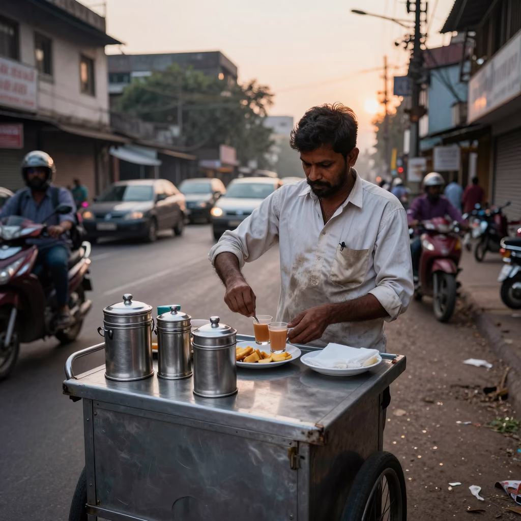 Mumbai Street Vendor Dawn Breakfast with Steel Tiffin and Morning Light in in Mumbai, India