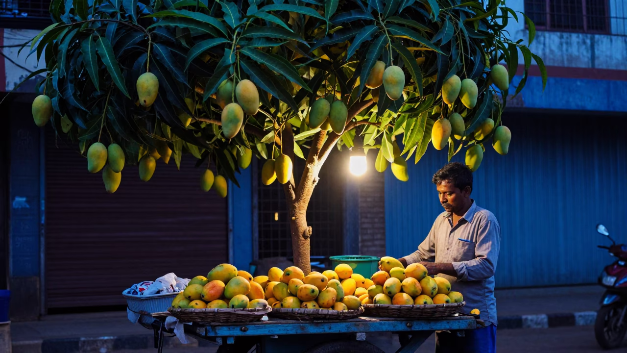 Mumbai Street Vendor Dawn Light Illuminating Colorful Mango Tree and Urban Market Stall in in Mumbai, India