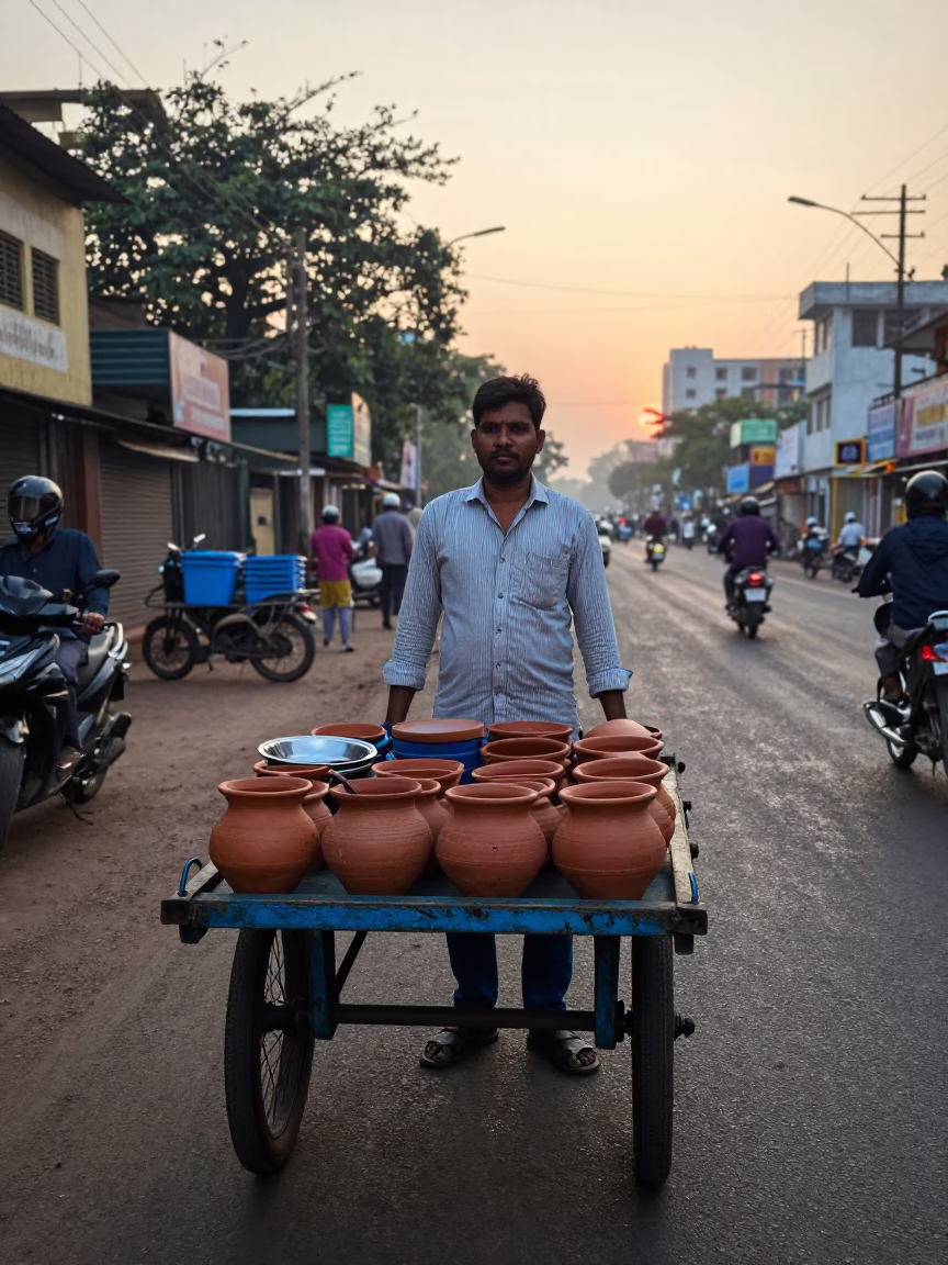 Mumbai street vendor dawn light terracotta pot utensil crock condensation realistic photograph in in Mumbai, India