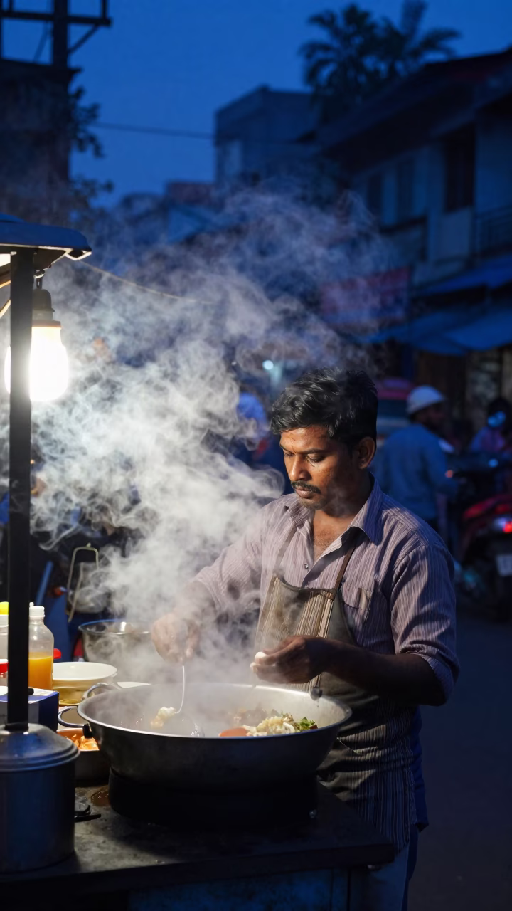Mumbai Street Vendor Dawn Steam and Local Breakfast Scene Before Sunrise in in Mumbai, India