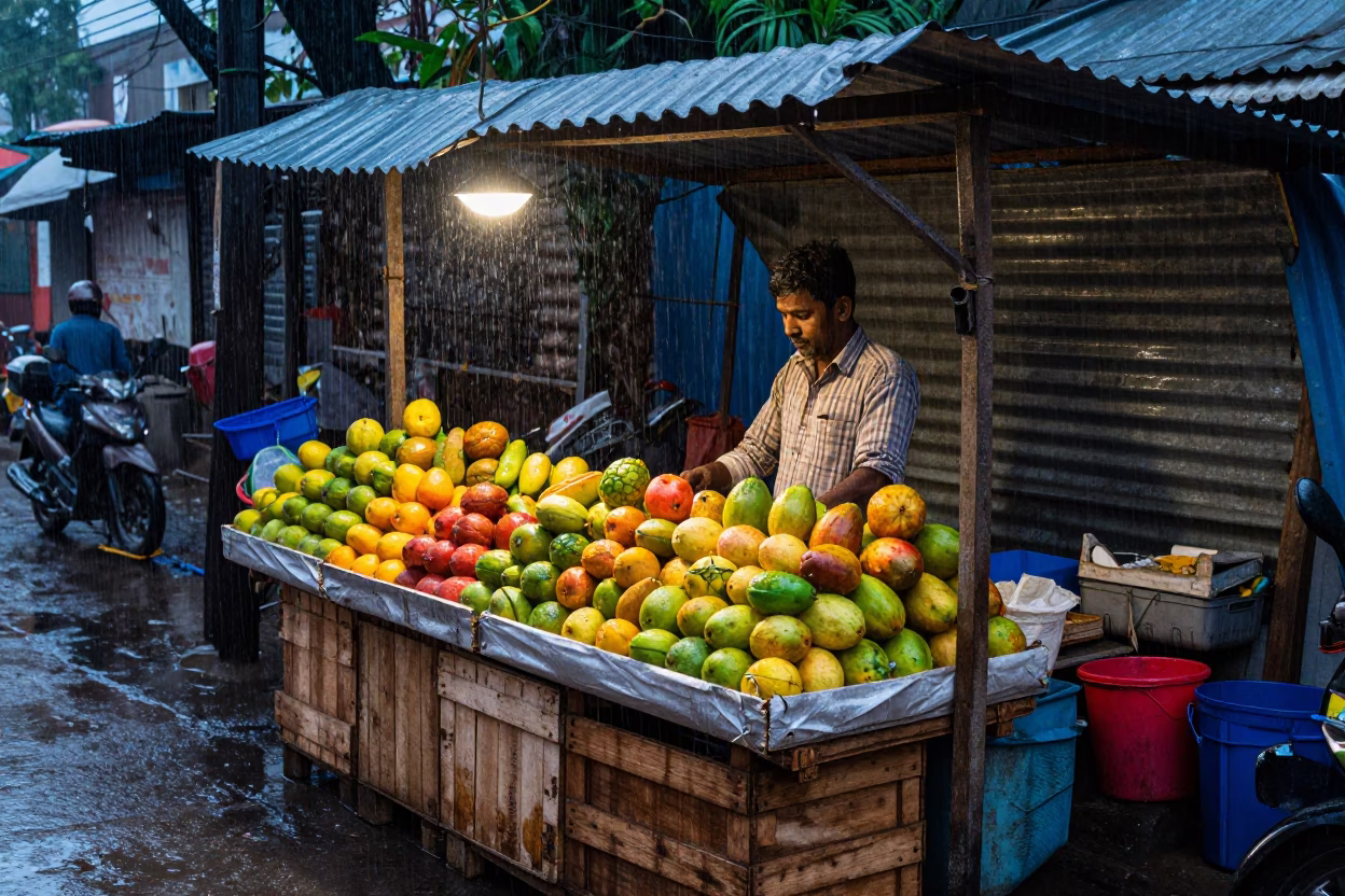 Mumbai Street Vendor Dusk Rain Fruit Display Nickel Latch in in Mumbai, India