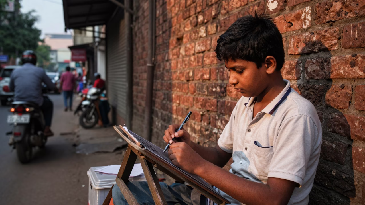 Mumbai Street Vendor Evening Honeyed Light Mechanical Pencil and Chalk Signboard in in Mumbai, India
