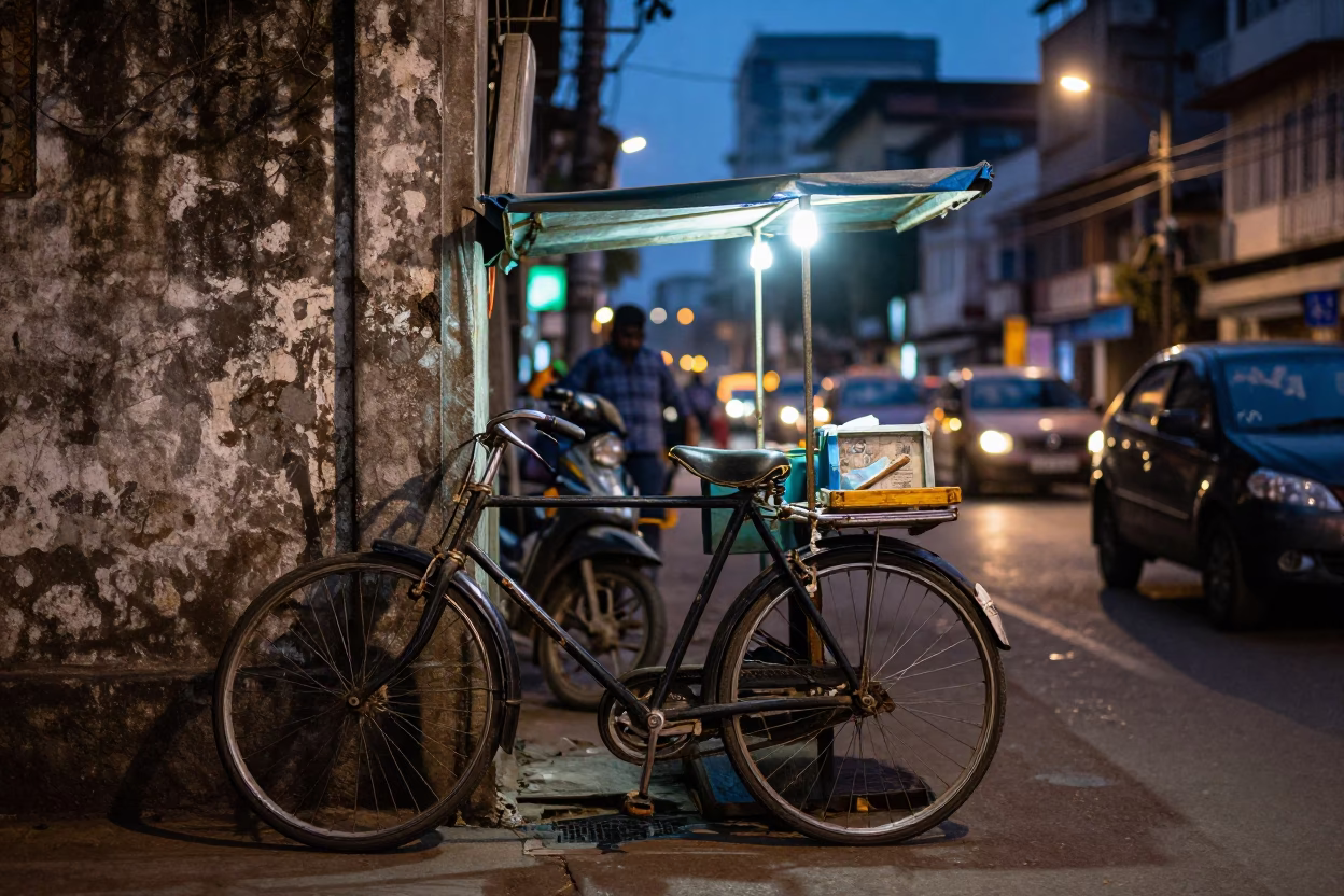 Mumbai Street Vendor Evening Light with Vintage Bicycle and Shop Details in in Mumbai, India