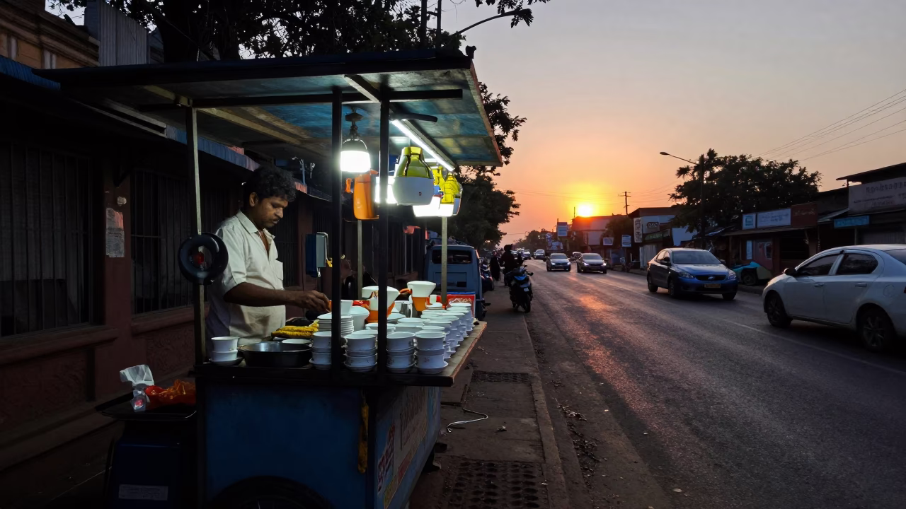 Mumbai street vendor evening stall with tea cups and plastic containers against sunset sky in in Mumbai, India