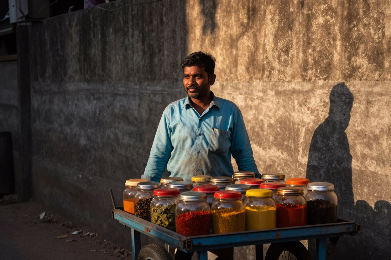 Mumbai Street Vendor Evening Sunlight Spice Jar Cash Box and Local Commerce in in Mumbai, India
