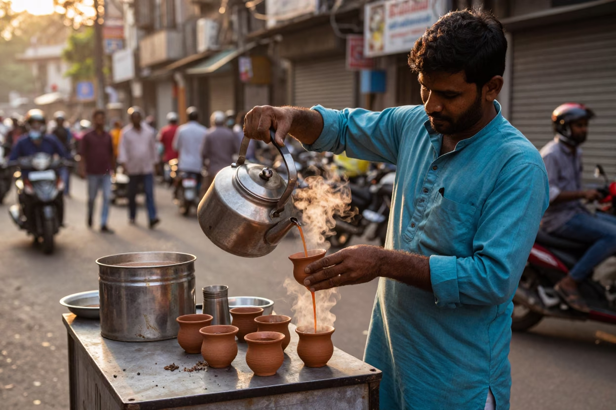 Mumbai Street Vendor Golden Hour Chai Service with Ceramic Cups and Steam Rising in in Mumbai, India