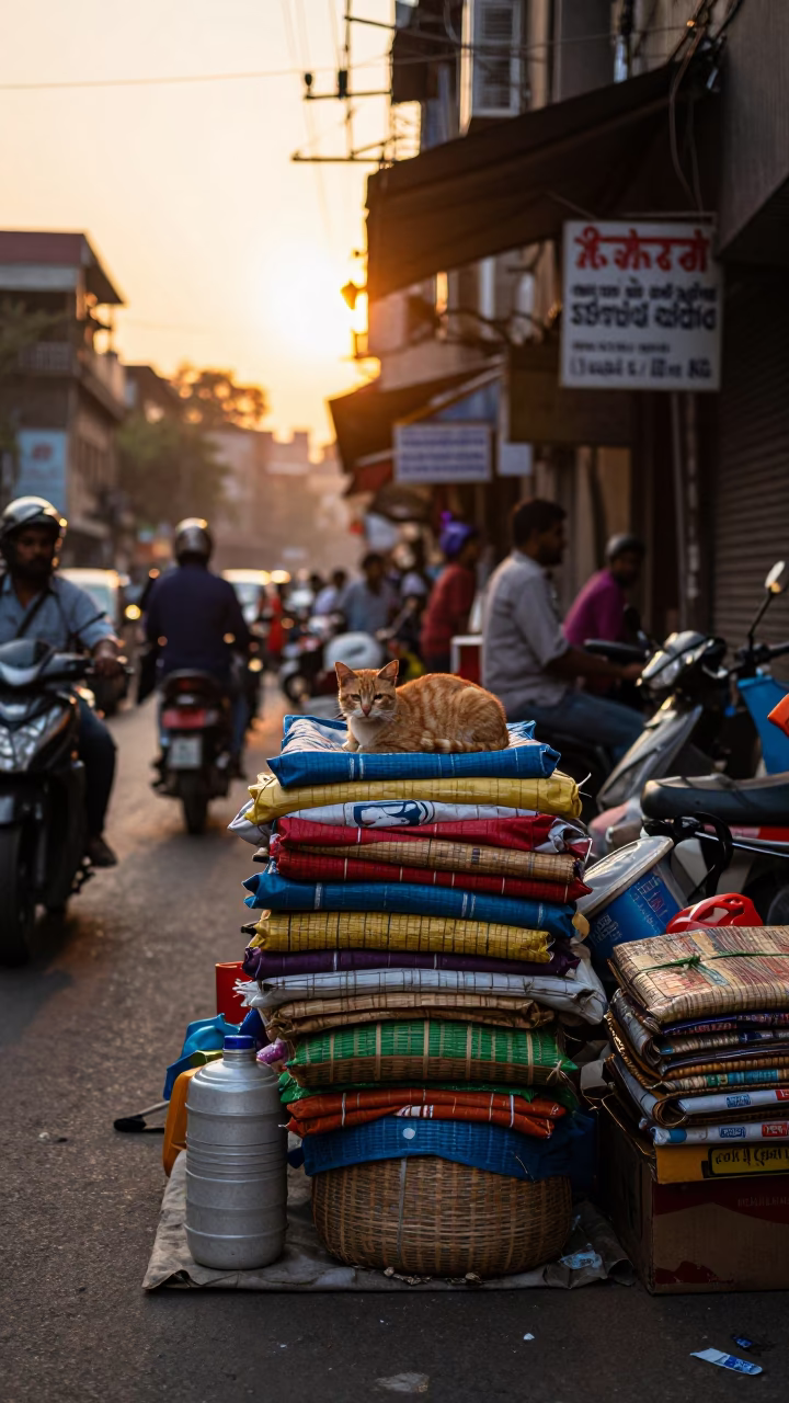 Mumbai street vendor golden hour chaos with orange cat and woven basket in in Mumbai, India