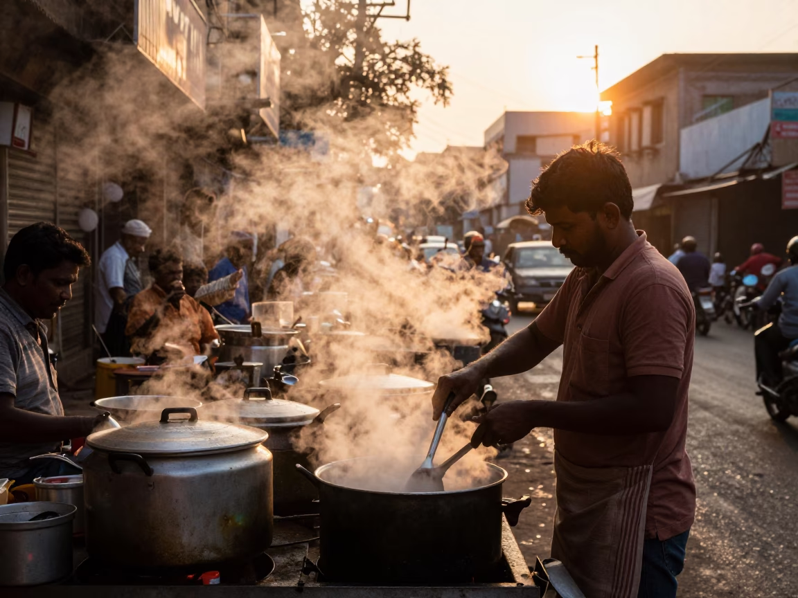 Mumbai Street Vendor Golden Hour Steam Haze and Cooking Details in in Mumbai, India