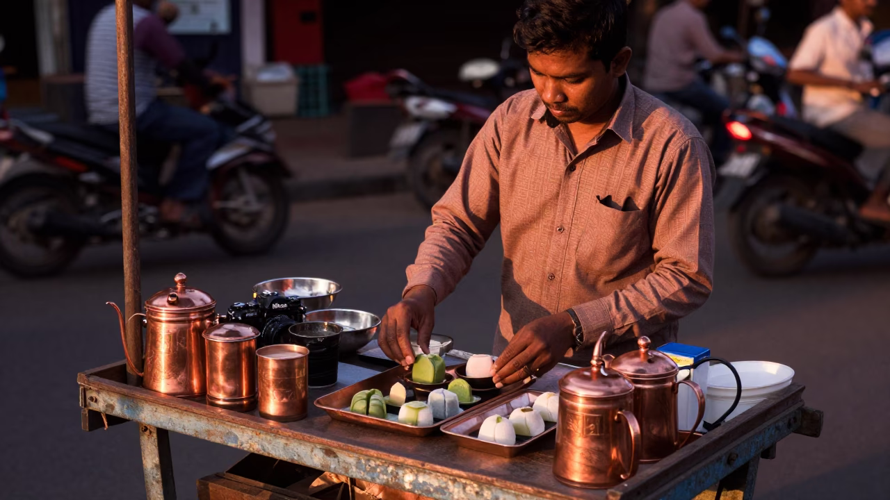 Mumbai Street Vendor in Copper Dusk with Tea Strainer and Wagashi Sweets in in Mumbai, India