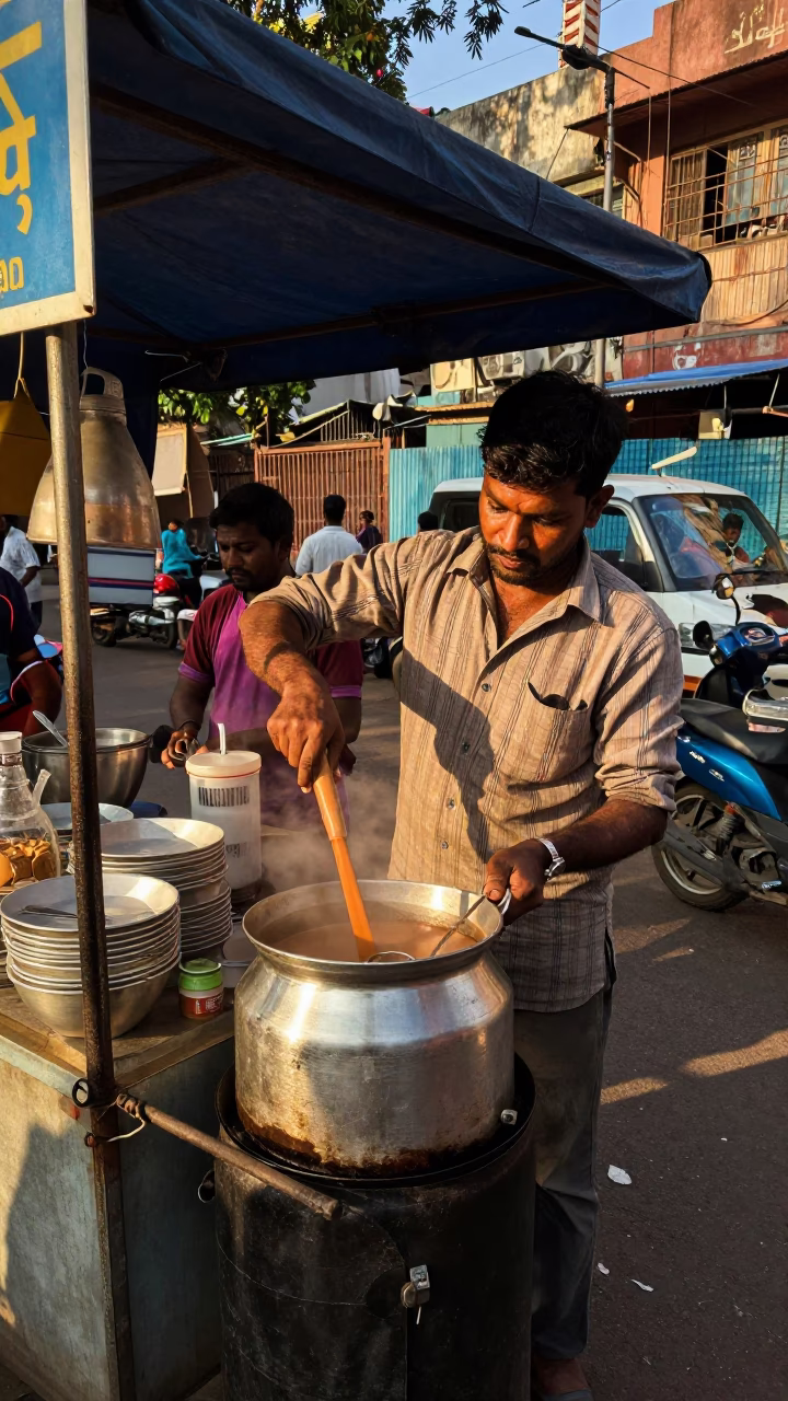 Mumbai Street Vendor Late Afternoon Tea Stall Whisks and Smudged Rail Local Life in in Mumbai, India