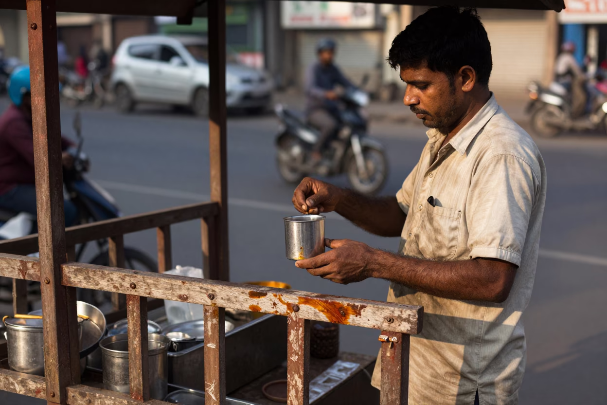 Mumbai Street Vendor Late Morning Tea Stains and Wooden Stool in in Mumbai, India
