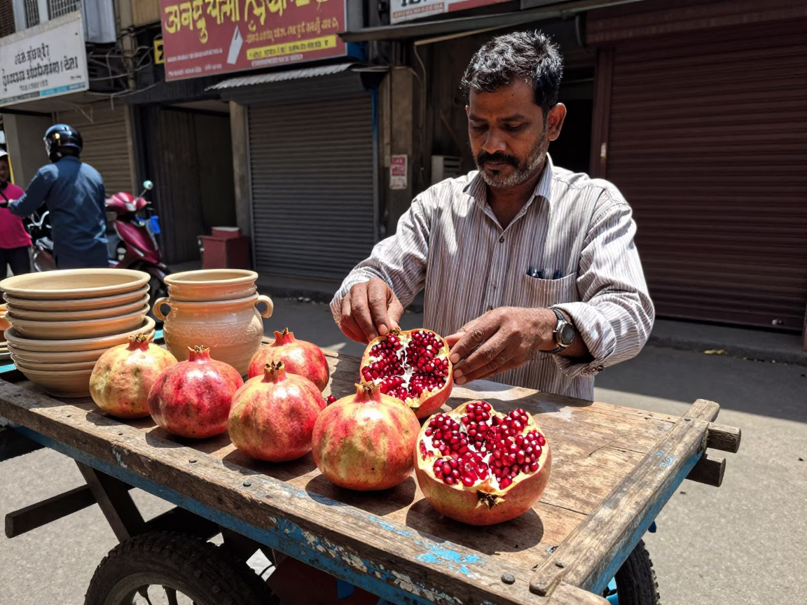Mumbai Street Vendor Noon Light with Pomegranate and Ceramic Cup in in Mumbai, India